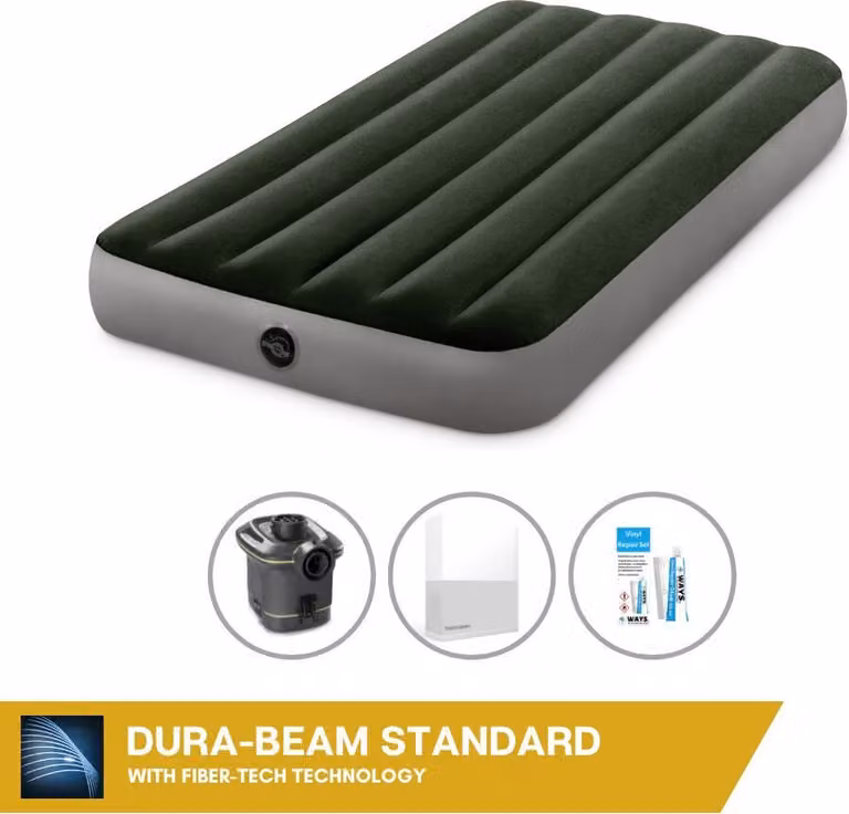 Letto gonfiabile Intex - 1 persona - 99 x 191 x 25 cm - Verde - Con pompa + lenzuolo bianco + kit di riparazione