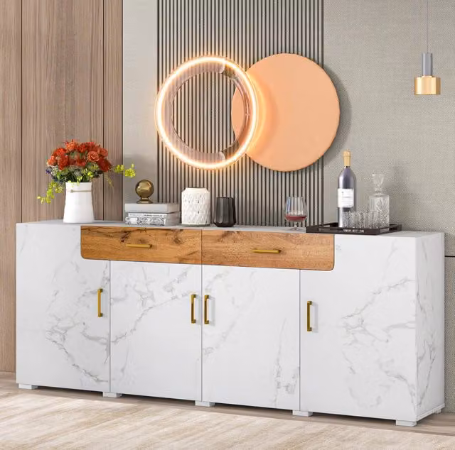 Madia in MDF con rivestimento in PVC marmorizzato, 208x39,5x80 cm, 4 ante, 2 cassetti, bianco e rovere