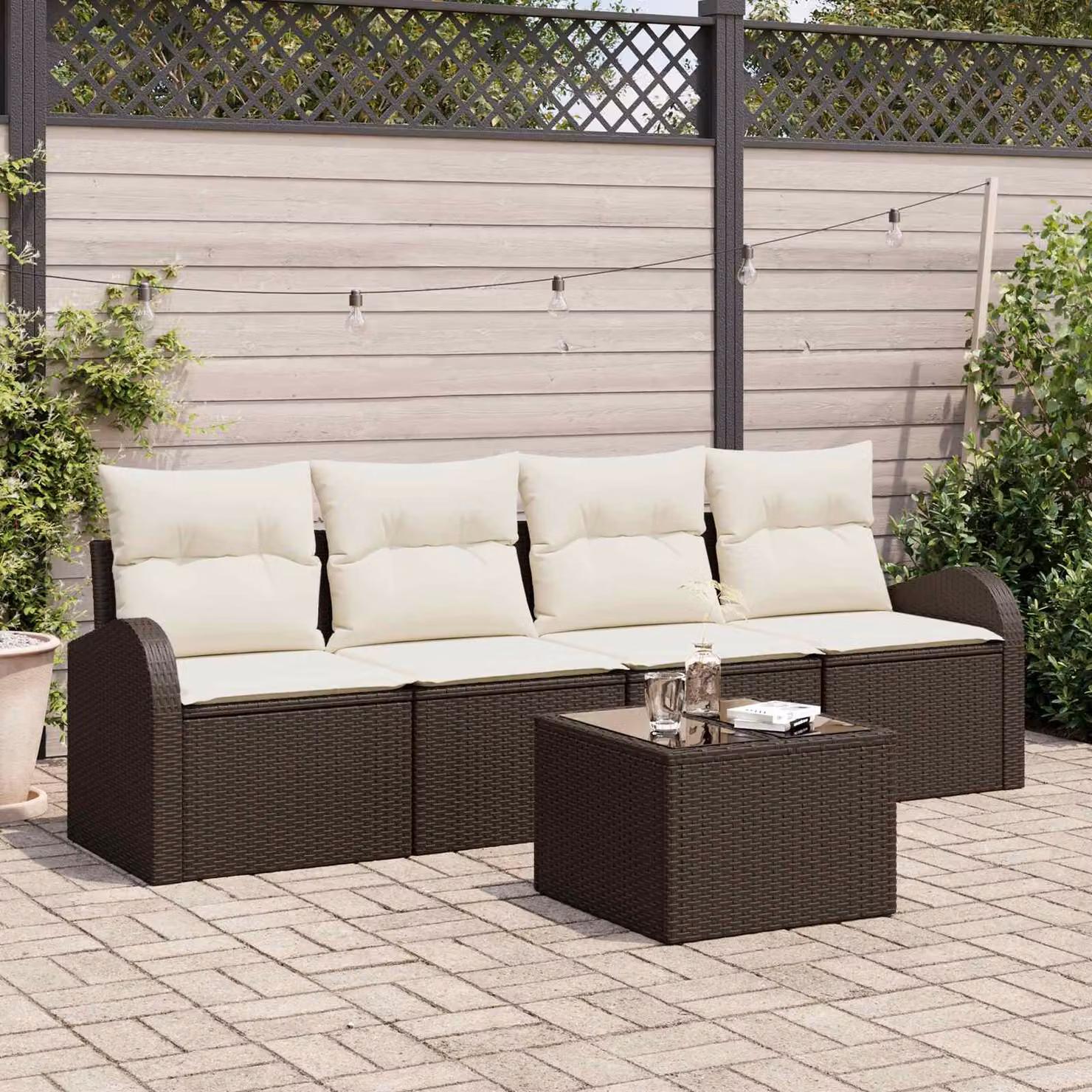 Set Divano da Giardino vidaXL 5 Pezzi con Tavolino da Caffè, Marrone e Beige, Struttura in Acciaio e Cuscini Inclusi
