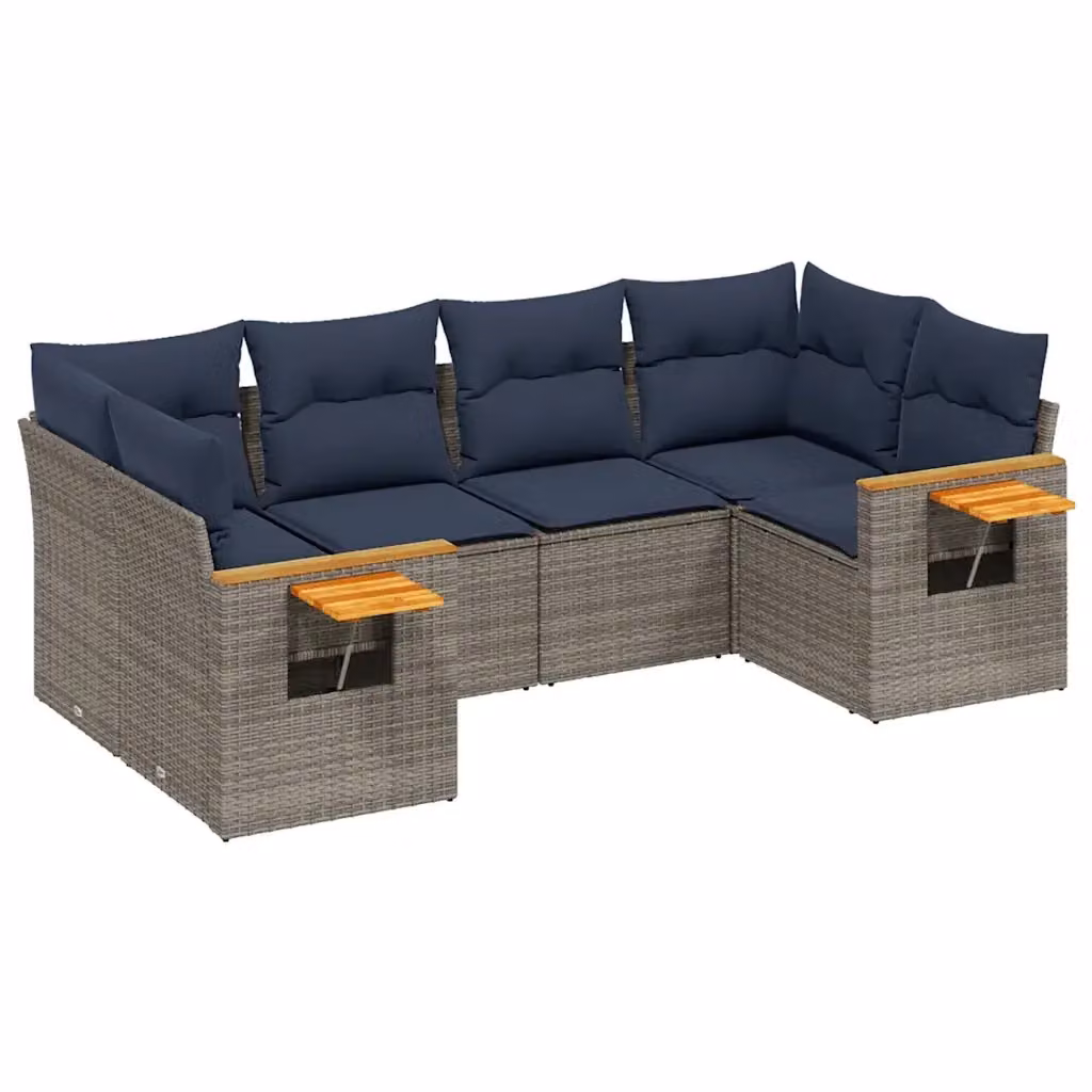 Set da giardino moderno vidaXL in polyrattan composto da 6 pezzi con cuscini grigi e blu e tavolino da esterno a forma di L – 2