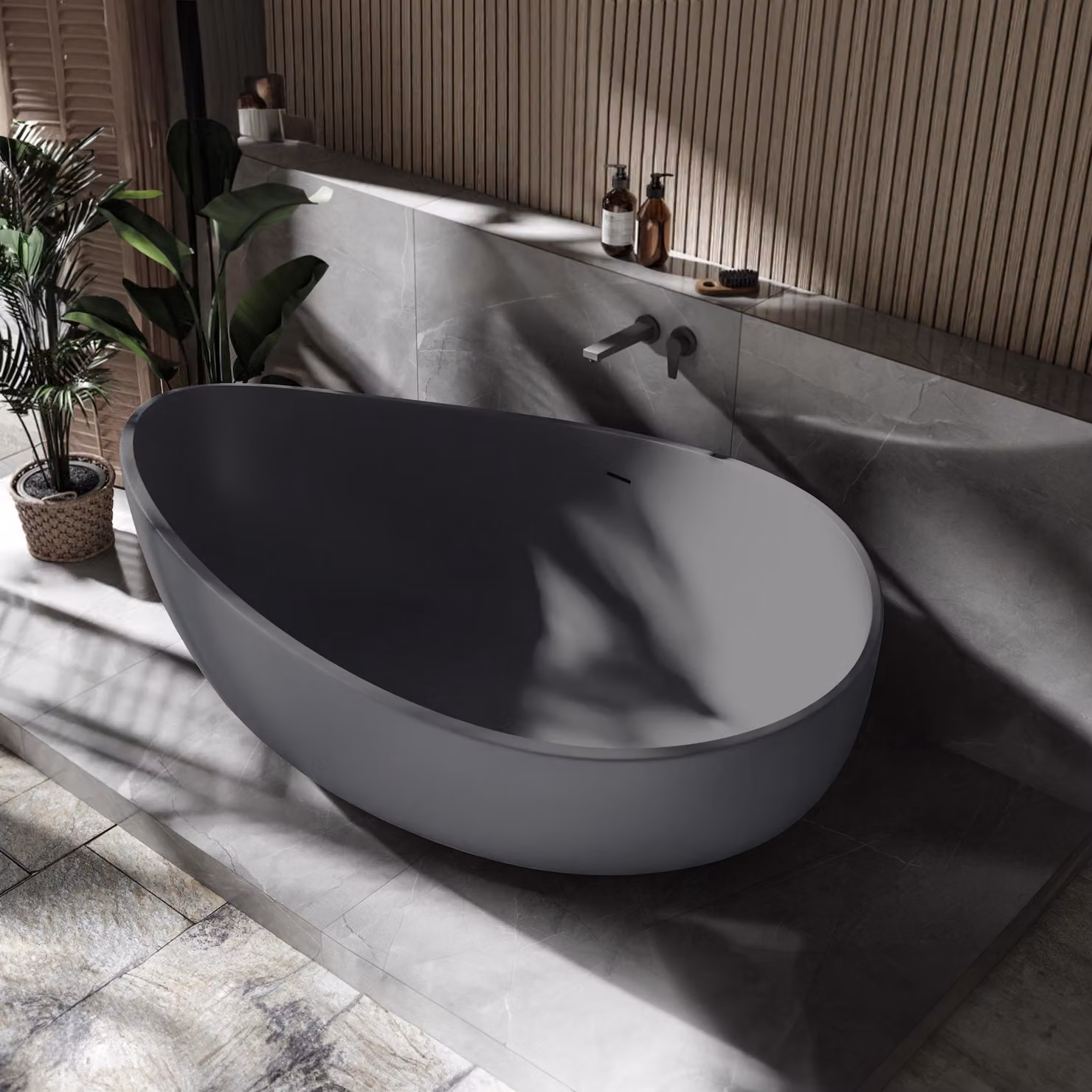 Vasca da bagno autoportante WAVE STONE - Minerale fuso - Grigio, opaco - 180 x 110 x 62 cm