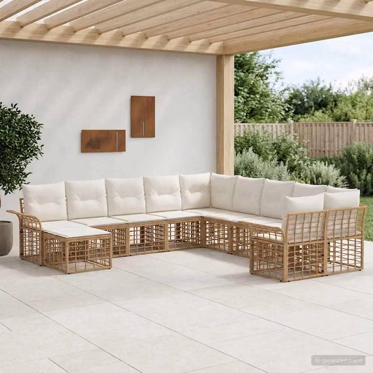 vidaXL Set di divani da esterno moderno a forma di U composto da 11 pezzi con cuscini in beige e bianco crema