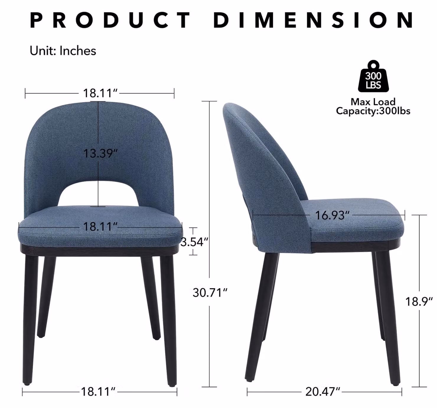 Set di 2 sedie da pranzo - Sedie imbottite in lino - Schienale ergonomico sagomato - Gambe in legno massello - Seduta spessa e imbottita - Capacità massima: 136 kg - Colore: blu