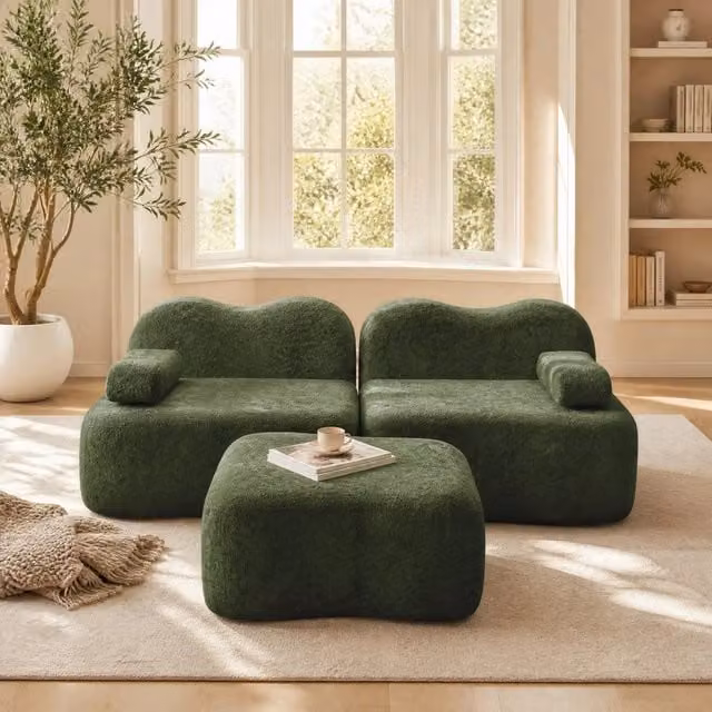 Divano angolare modulare MIVRAY in velluto verde con schiuma elastica e cuscini coordinati