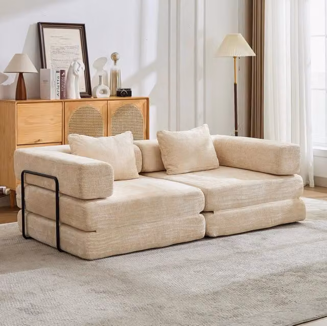 Divano Letto Pieghevole in Ciniglia 107x44x38 cm; Convertibile Modulare Beige per Soggiorno