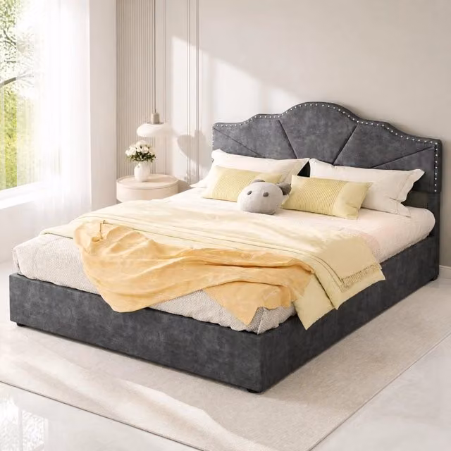 Letto matrimoniale 160x200 cm con rete a doghe; rivestimento in tessuto; grigio