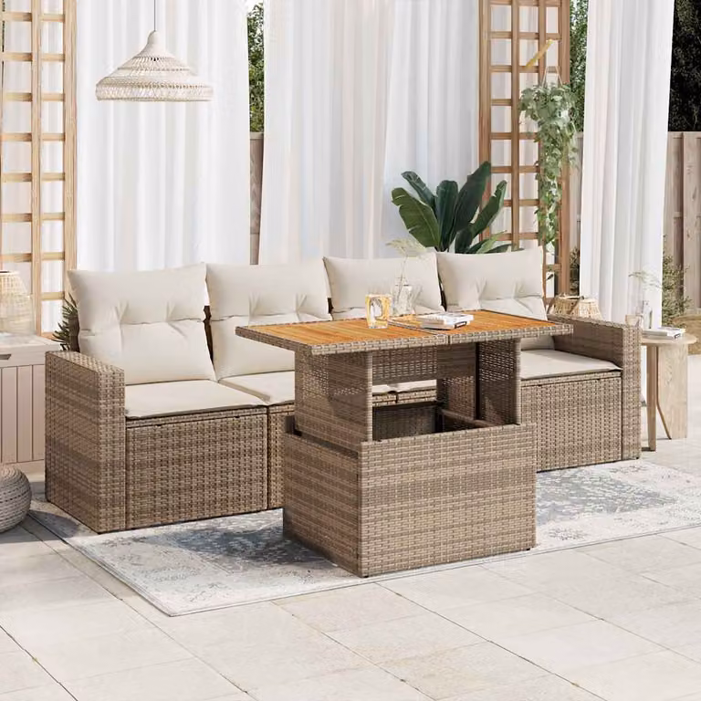 Set Divano da Giardino vidaXL 5 Pezzi in Polyrattan Beige con Cuscini e Tavolino da Esterno