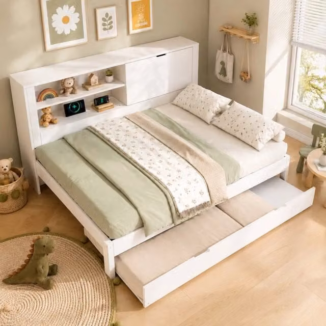 Sofabed MODFU con letto estraibile da 140x190 cm in legno bianco, dotato di vano portaoggetti, ripiani laterali e porta USB
