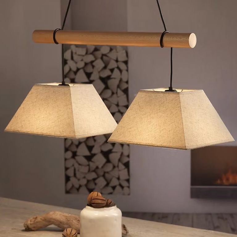 Lampadario a sospensione Baldo ONLI con 2 luci e paralumi in metallo e legno, beige e nero – 2