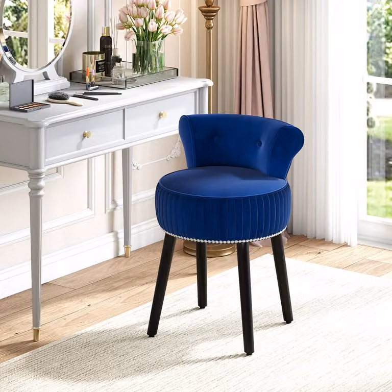 Sedia vanity Costway in velluto blu con schienale basso capitonné e seduta imbottita