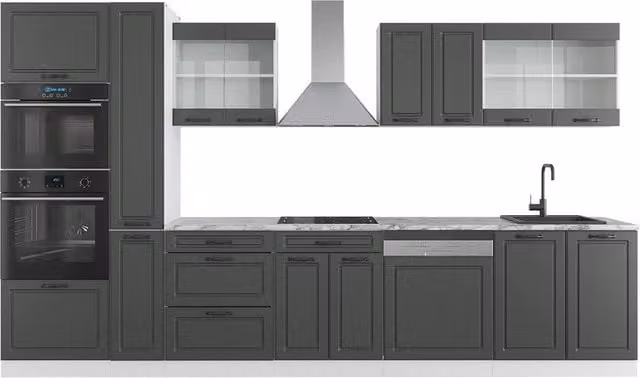 Mobile da cucina Vicco R-Line stile rustico color antracite e bianco, larghezza 350 cm, con armadio alto e senza piano di lavoro