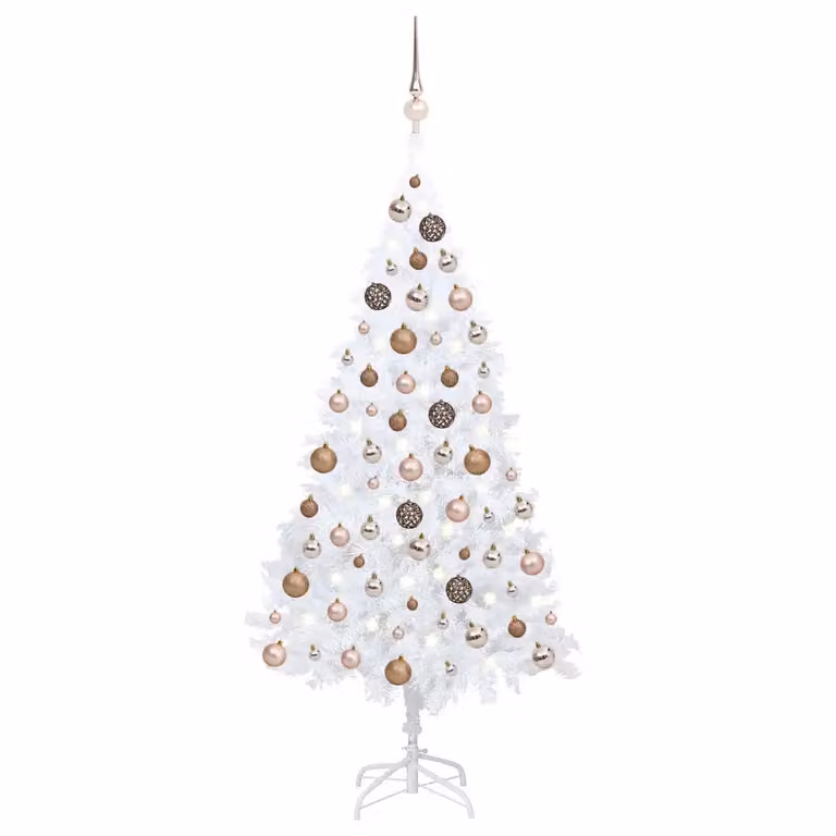 Albero di Natale Preilluminato con LED e Palline vidaXL, Bianco e Oro, Altezza: 120 cm, in PVC e Metallo