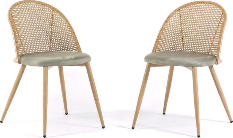 set di 2 sedie per interni con schienale in rattan e cuscini in velluto - design moderno ed elegante con struttura in legno e gambe in metallo, ideale per cucina, sala da pranzo, ufficio o ristorante - LINA