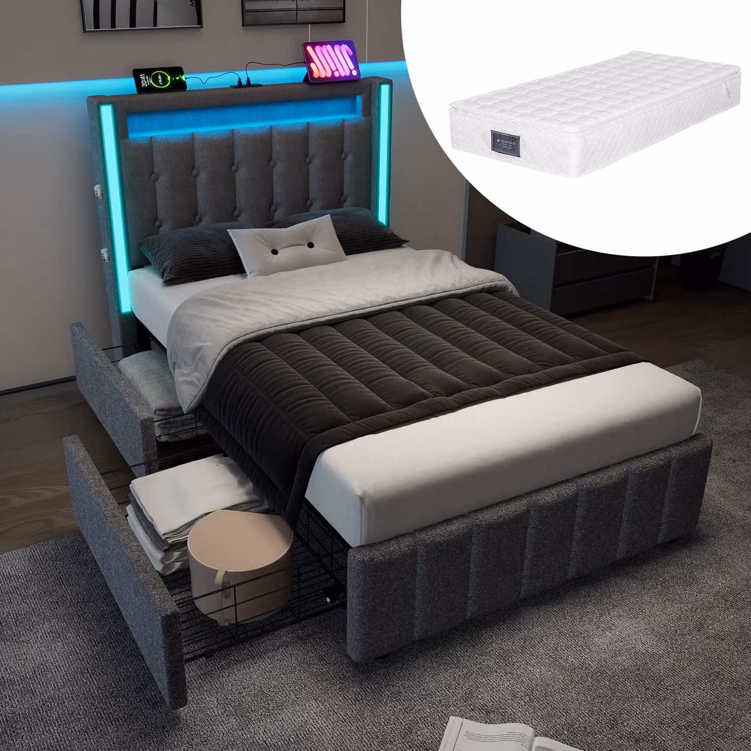 okwish Letto imbottito Letto singolo 90 x 200 cm con porta di ricarica USB e illuminazione a LED, letto funzionale con spazio di archiviazione e 2 cassetti (con materasso) - Grigio