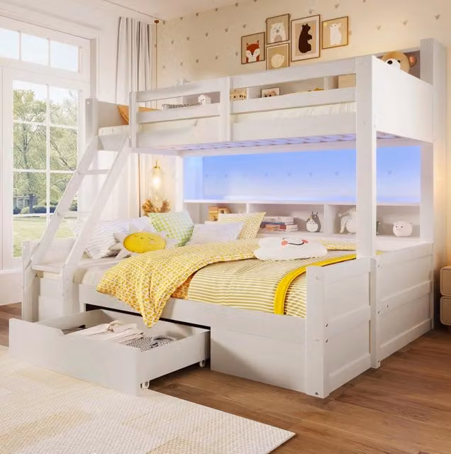 Letto a castello bianco 90x200 + 140x200 cm con LED, scala e cassetto