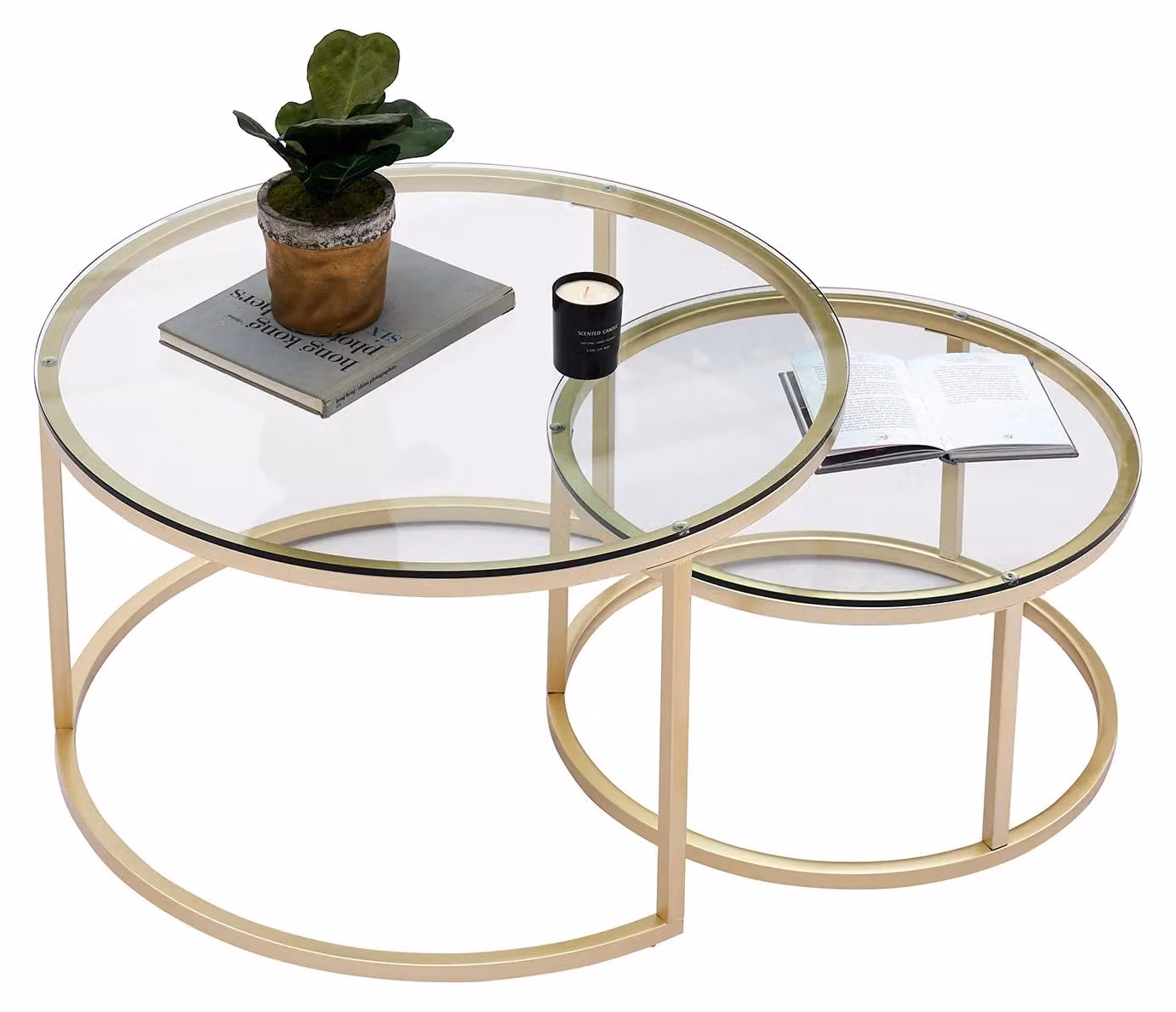 Tavolino 2-in-1 - Tavolini rotondi con decoro effetto legno e aspetto marmorizzato - 60 cm e 40 cm - Struttura in metallo - Stile moderno - Ideale per il soggiorno
