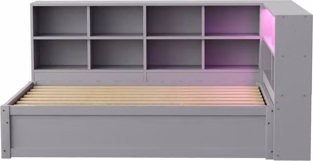 Letto Singolo Multifunzionale 90x200 cm in Legno Massello con Prese Multiple, Spazi di Conservazione e Striscia LED Controllabile