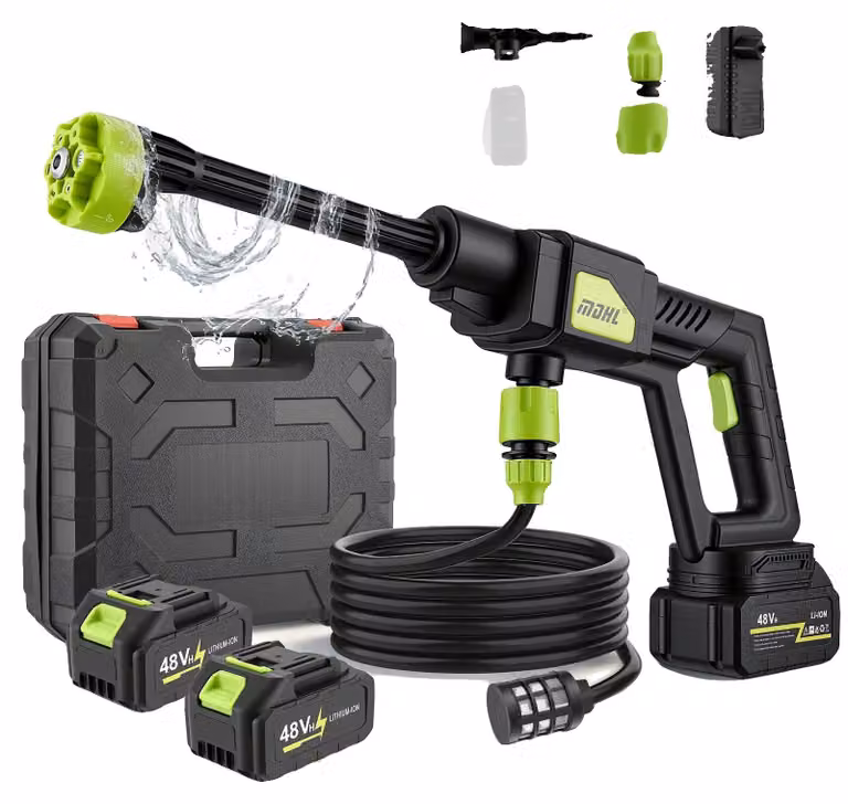 Idropulitrice a batteria, ugello regolabile, 2 batterie da 4Ah, pressione di esercizio di 22 bar, lunghezza del tubo di 5 metri, peso leggero di 3,2 kg