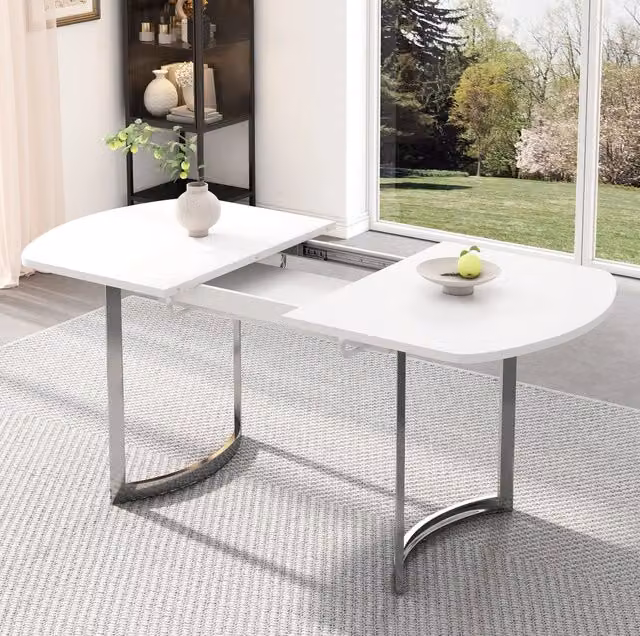 Tavolo da pranzo allungabile 140-180x80 cm con gambe in metallo argentato, bianco, stile moderno