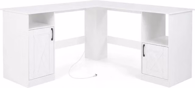 Scrivania Angolare a L 150 cm per Computer con Multipresa USB Ripiani e Mobiletti Bianco Postazione di Lavoro per Casa e Ufficio