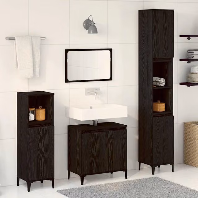 Set di mobili per il bagno moderno vidaXL composto da mobile lavabo, mobile laterale e colonna alta in nero opaco L/P/H: 80 x 33 x 180 cm