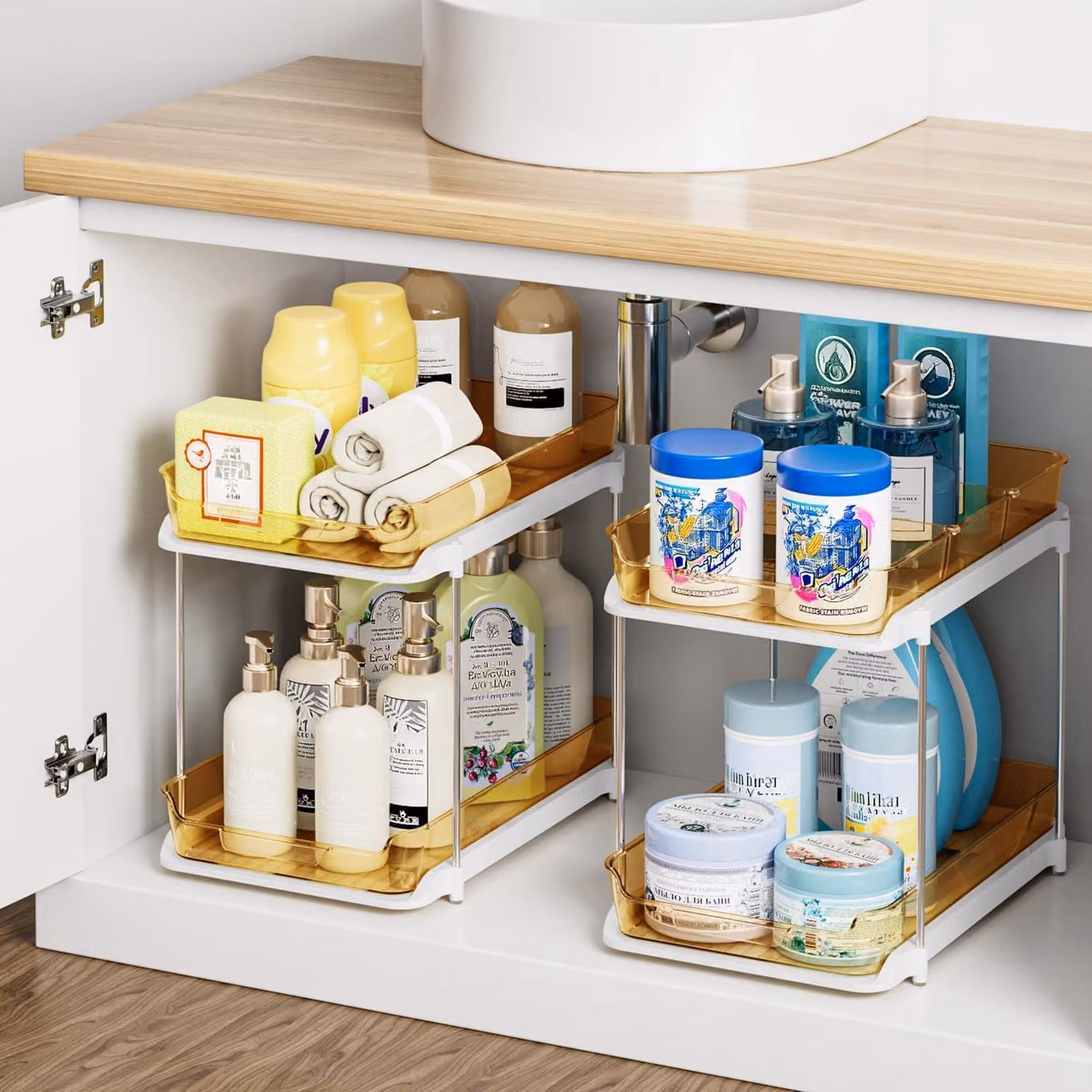 Organizzatore per cucina, 2 ripiani, dorato, estensibile, impilabile, con divisori