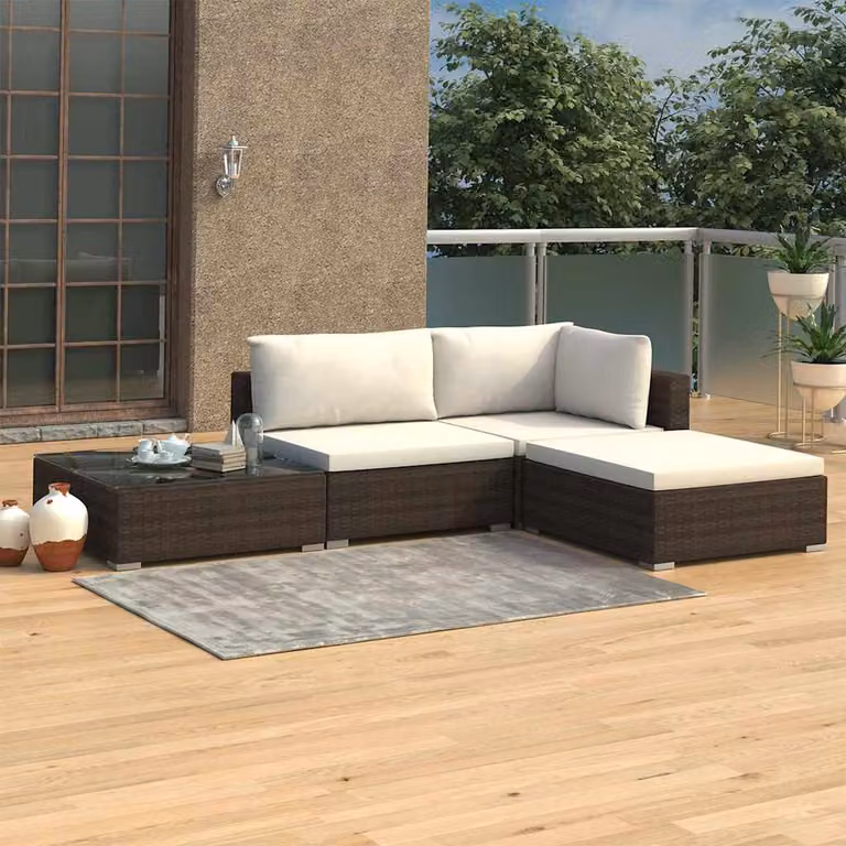 Set di divani da giardino vidaXL 4 pz con cuscini beige e tavolo da esterno marrone in rattan e metallo