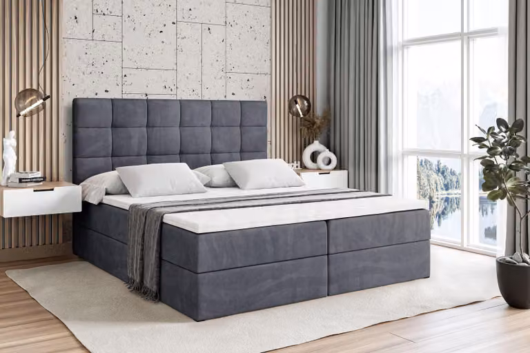 Letto boxspring ALTDECOR con materasso e rete a doghe - BRUGO - 180x200 cm - Velluto grigio scuro - Letto boxspring, topper, letto imbottito con contenitore, letto con contenitore H3 - Materasso, letto matrimoniale, letto boxspring