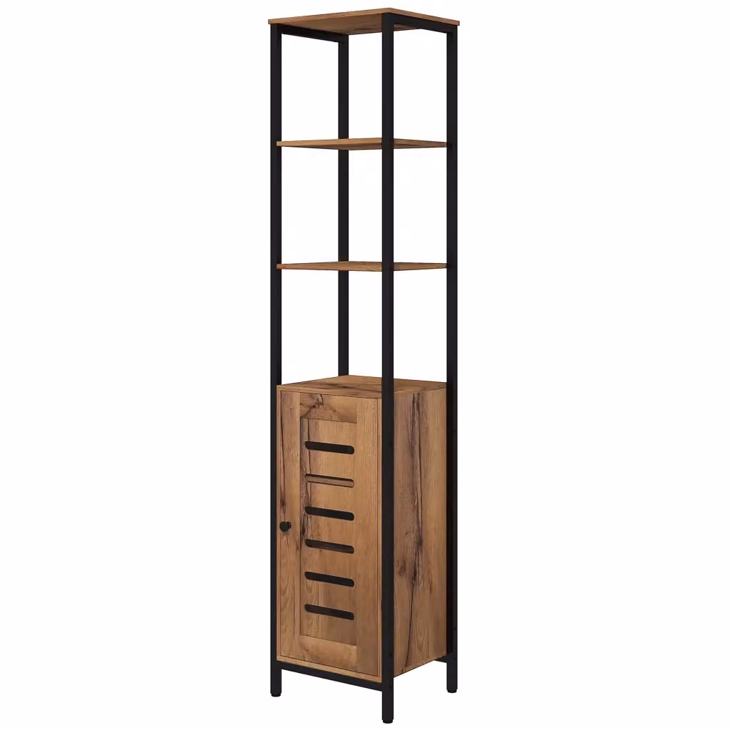 Colonna Bagno Minimal con Anta a Roll Shutter e Ripiani Interni, Stile Industrial Marrone, L: 37 cm, P: 30 cm, H: 167 cm – 2