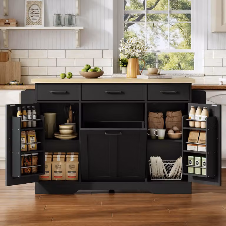 okwish: Isola da cucina con ripiani per spezie e cassetti, armadietto contenitore con portasciugamani, mobile da cucina con piano di lavoro ribaltabile e spazio contenitivo, colore nero
