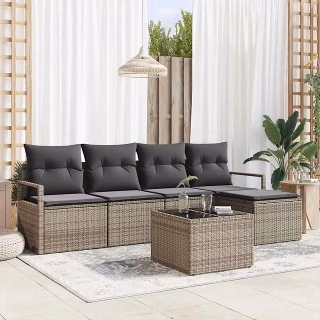 Set di divani da giardino a forma di L vidaXL in rattan grigio con cuscini e tavolino da esterno