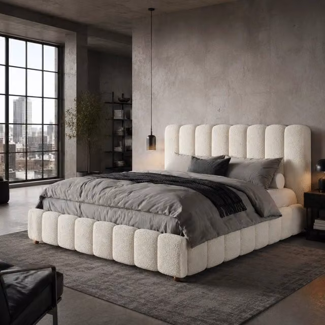 Letto matrimoniale 160x200 cm bianco in bouclé, contenitore con rete a doghe, senza materasso