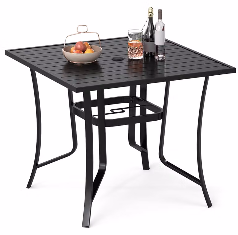 Tavolo da giardino COSTWAY 91x91x73 cm in metallo, tavolo da terrazza con foro per ombrellone, tavolo da balcone quadrato per 4 persone, tavolo da pranzo da esterno, nero