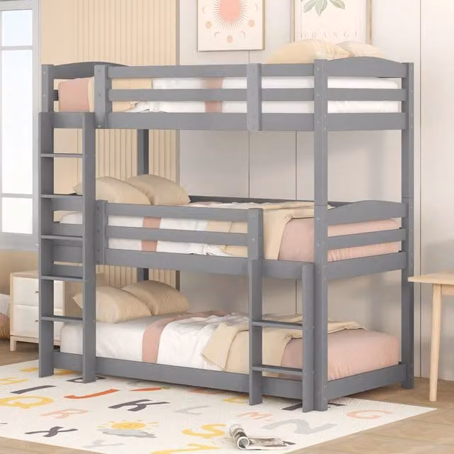 Letto a castello triplo 90x200 cm grigio – 2 scale, senza materasso