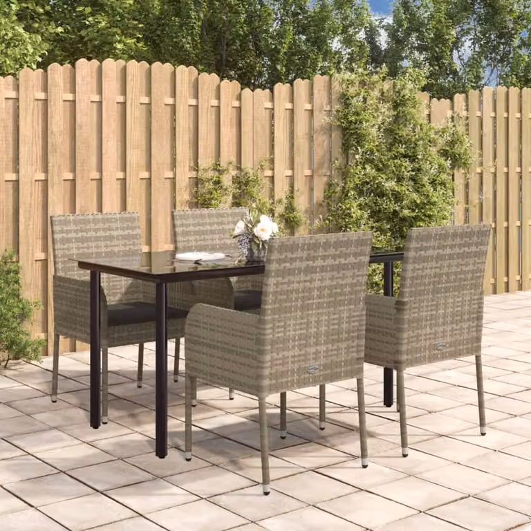 Set da pranzo da giardino vidaXL in polyrattan con tavolo in vetro e 5 pezzi, nero e grigio