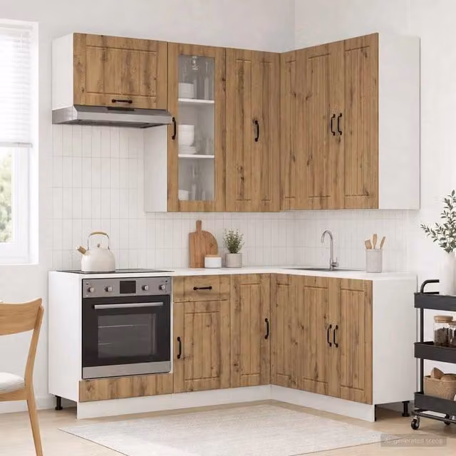Unità Cucina vidaXL 8 Pezzi in Legno Rovere Marrone con Ante in Vetro e Ripiani Interni