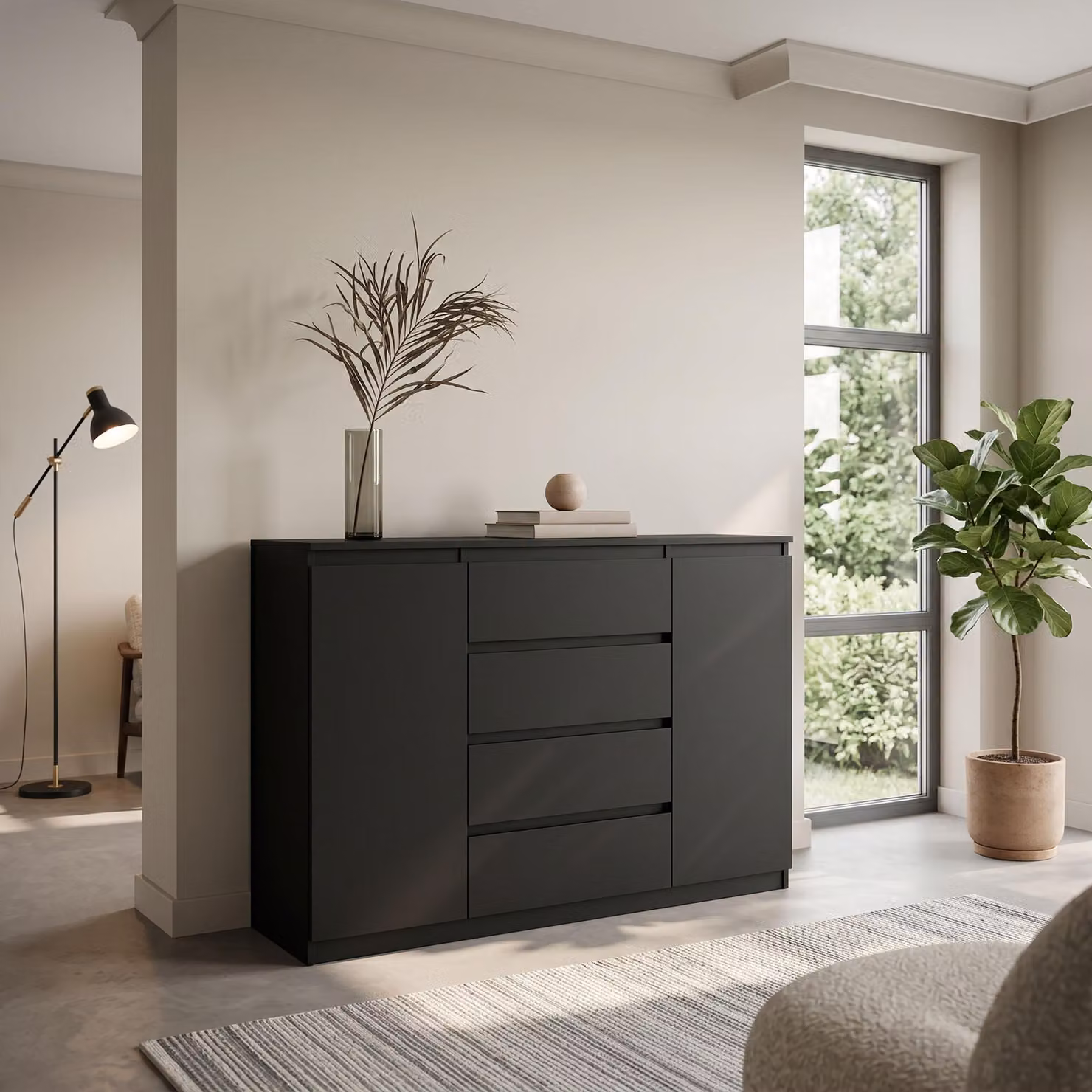 Comodà Masseno NUDO da 120 cm con 4 cassetti e 2 ante per soggiorno e camera da letto, stile moderno, 120x39x101,5 cm, nero / nero