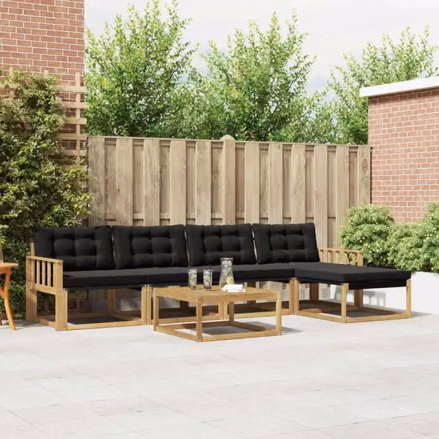 Set di mobili da giardino vidaXL composto da divano a 3 posti, pouf, tavolino da caffè e sedute in legno di acacia con cuscini bianchi e neri in textilene – 1