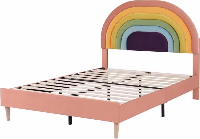 Letto imbottito 140x200 cm con rete a doghe e testiera regolabile in velluto rosa