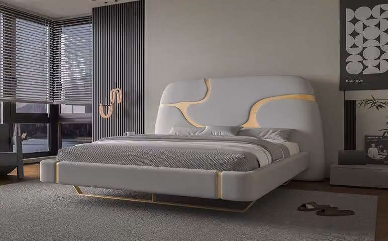 Luxus Bett mit Gold Akzenten Modernes Design Gepolstertes Kopfteil Schlafzimmer