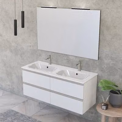Mobile bagno sospeso INBAGNO Master con doppio lavabo e specchio con illuminazione LED bianco opaco L: 120 cm, P: 45 cm, H: 50 cm – 1
