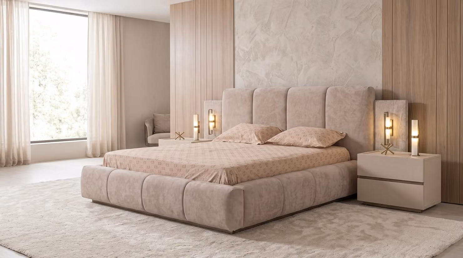 Set per camera da letto moderno, beige, con letto contenitore, due comodini e struttura in tessuto