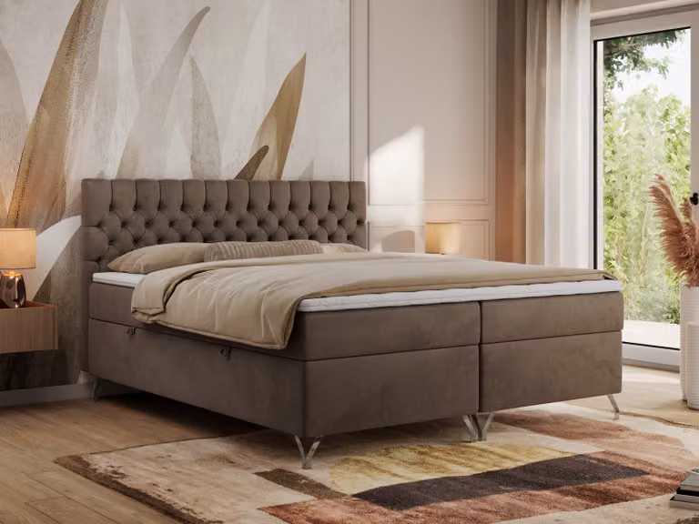 Letto boxspring MKS MEBLE 180x200, Letto 180x200 con materasso H4, letto boxspring 180x200 con contenitore e topper, letto imbottito 180x200 con piedini - GRIMALDI - 180x200 - Velluto marrone - H4