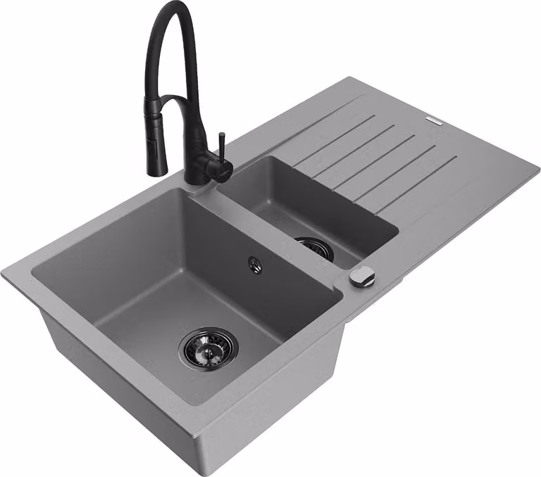 Mexen Matias lavello in granito 1,5 vasche con gocciolatoio e rubinetto da cucina Aster, grigio - 6502-71-73450-70-B