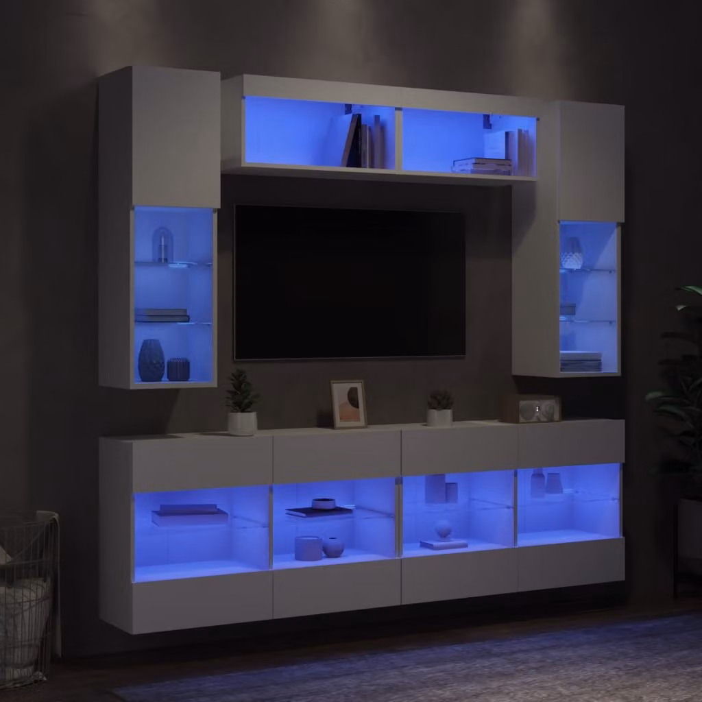 Set di mobili TV da parete moderno vidaXL composto da 6 pezzi con luci LED in colore bianco – 1