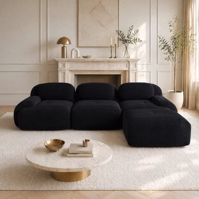 Divano angolare modulare 298x178x70 cm senza telaio in velluto a coste nero