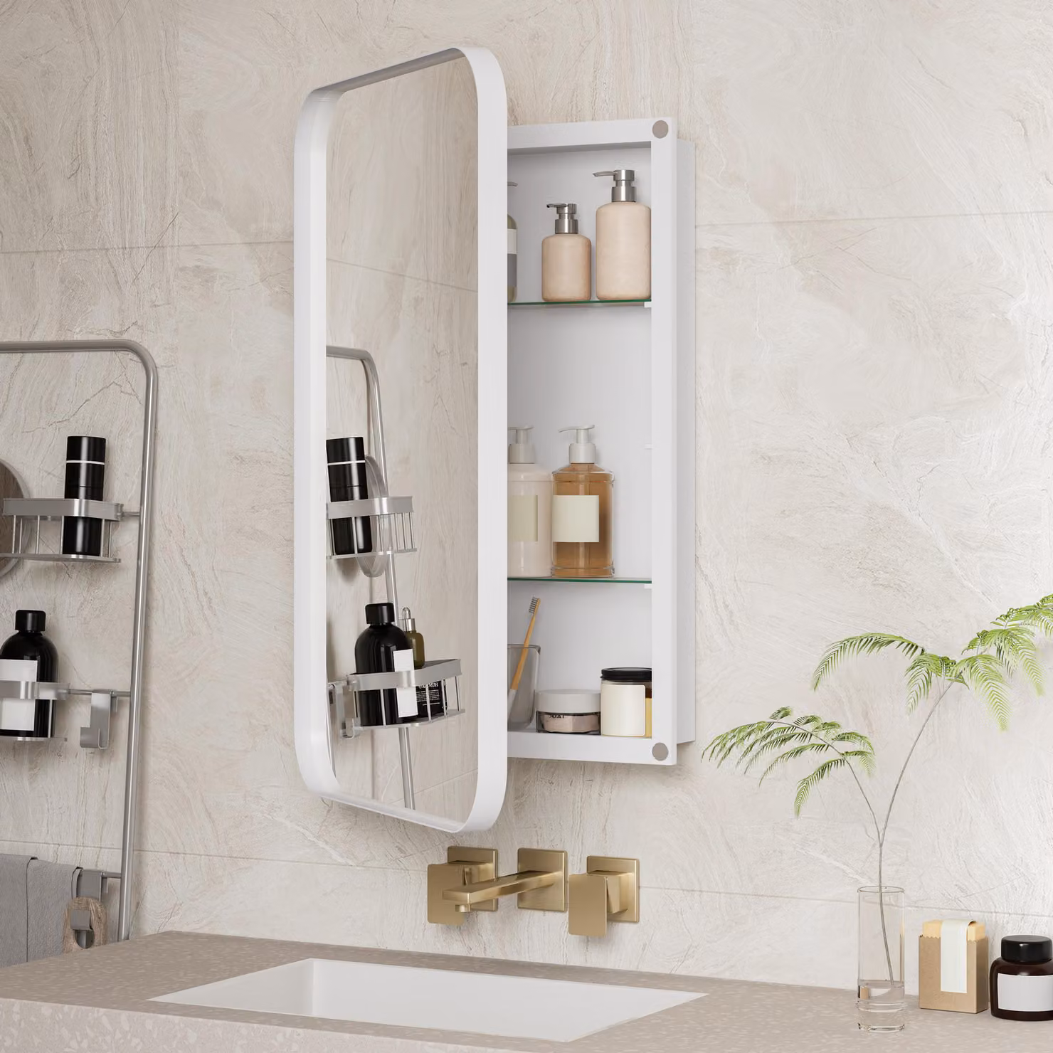 okwish Armadio rettangolare a specchio Armadio a muro con struttura in metallo e specchio, armadio da incasso con ripiani regolabili e spazio di archiviazione, bianco