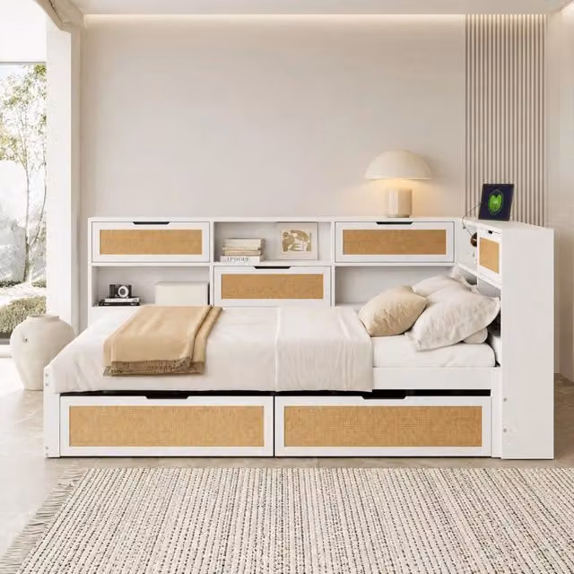 Letto Mivray moderno in legno bianco con cassetti, vano contenitore e porte USB, L/P: 140 x 200 cm