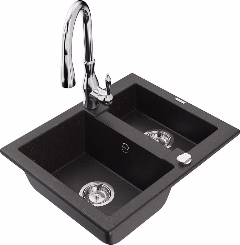 Mexen Carlos lavello in granito 1,5 vasche con miscelatore cucina Savita, nero/oro metallico - 6518-75-672601-00