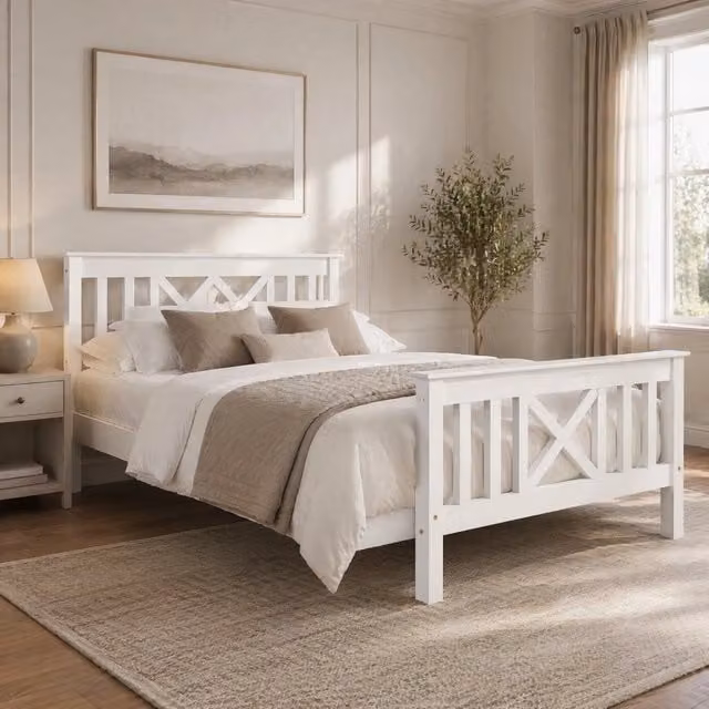 Letto singolo in legno massello bianco 90 x 200 cm con rete a doghe